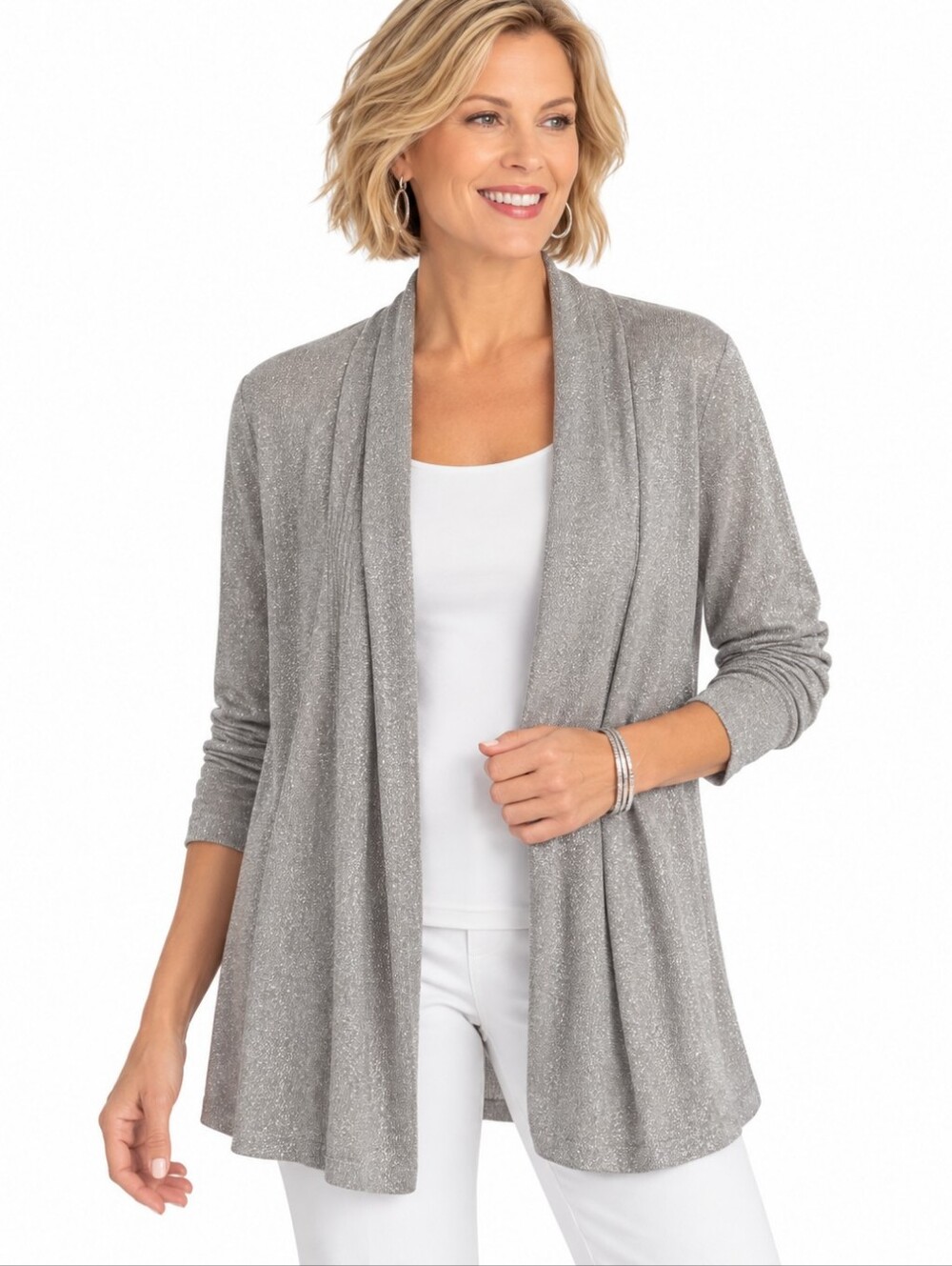 ✨ Chico’s Silver Metallic Open Front Cardigan — Size 3